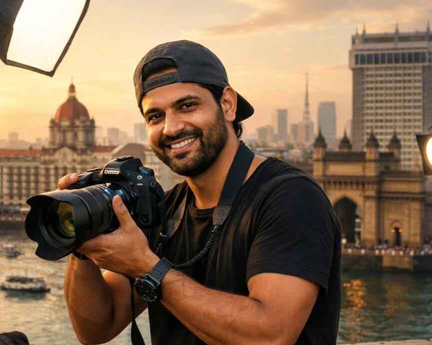 Professional photographer holding camera in Mumbai city